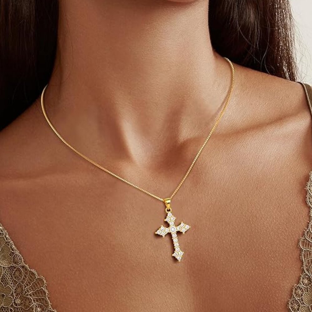 Cross Necklace 14K Gold Plated Cubic Zirconia NWB
